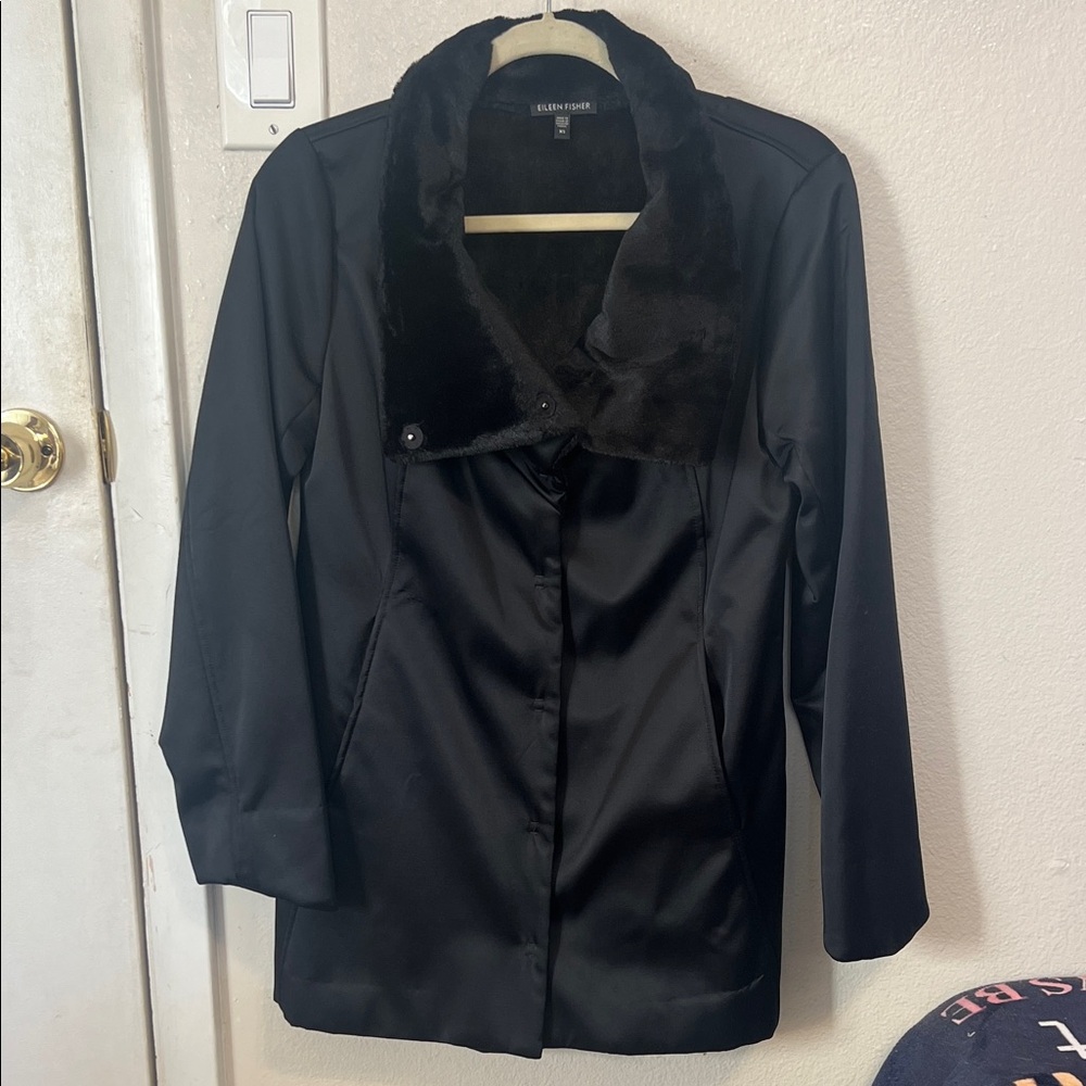 Eileen Fisher Bonded Fleece Black Funnel Neck Lined Jacket Coat